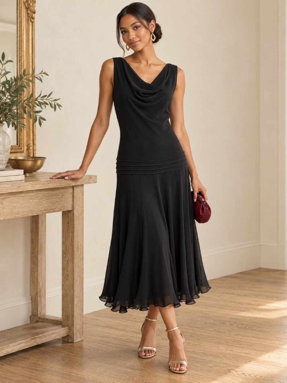 Liz Claiborne VTG Black Sleeveless Cowl-Neck Midi Dress SZ 10